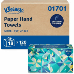 Kleenex®1-Ply Hand Towels in a Pop-Up Box, 120 Sheets Per Box, Pack Of 18 Boxes