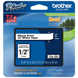 Brother® TZe-231 Black-On-White Tape, 0.5&quot; x 26.2'