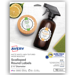 Avery® Permanent Textured Labels With Sure Feed®, 8218, Round Scallop, 2-1/2" Diameter, White, Pack Of 90