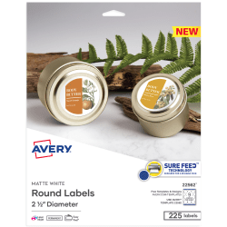 Avery® Printable Labels With Sure Feed®, 22562, Round, 2.5" Diameter, Matte White, 225 Customizable Labels
