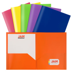 JAM Paper® POP Plastic 2-Pocket School Folders, 9-1/2&quot; x 11-1/2&quot;, Assorted Primary, Pack Of 6 Folders