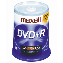 Maxell&reg; DVD+R Recordable Media Spindle, 4.7GB/120 Minutes, Pack Of 100