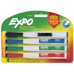 EXPO® Magnetic Dry Erase Markers With Eraser, Fine Tip, Assorted Ink Colors, Pack Of 4