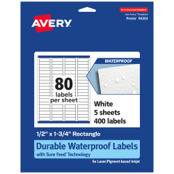 Avery® Waterproof Permanent Labels With Sure Feed®, 94203-WMF5, Rectangle, 1/2&quot; x 1-3/4&quot;, White, Pack Of 400