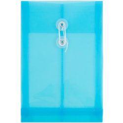 JAM Paper® Open-End Plastic Envelopes, 6 1/4" x 9 1/4", Button &amp; String Closure, Blue, Pack Of 12
