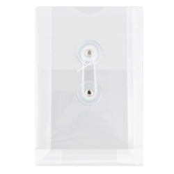 JAM Paper® Index Booklet Plastic Envelopes, 4 1/4&quot; x 6 1/4&quot;, Button &amp; String Closure, Clear, Pack Of 12