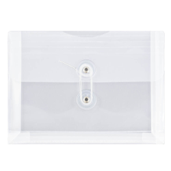 JAM Paper® Index Booklet Plastic Envelopes, 5 1/2&quot; x 7 1/2&quot;, Button &amp; String Closure, Clear, Pack Of 12