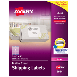 Avery® Matte Shipping Labels With Sure Feed® Technology, 5664, Rectangle, 3-1/3&quot; x 4&quot;, Clear, Pack Of 300