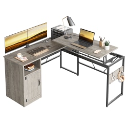 Bestier 60&quot; L Shaped Standing Desk with Storage Cabinet, Adjustable Height Corner Desk for Home Office, Dual Monitor Gaming Workstation, Gray Wash