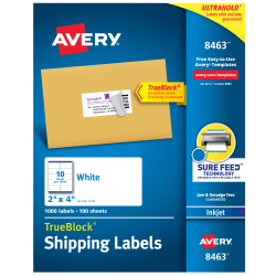 Avery® TrueBlock® Shipping Labels With Sure Feed® Technology, 8463, Rectangle, 2&quot; x 4&quot;, White, Pack Of 1,000