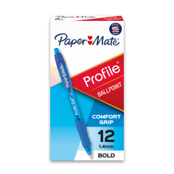 Paper Mate® Profile&trade; Retractable Ballpoint Pens, Bold Point, 1.4 mm, Translucent Barrel, Blue Ink, Pack Of 12