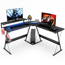 Bestier L-Shaped RGB Gaming Desk With Monitor Stand &amp; Multi-Function Hooks, 56&quot;W, Black Carbon Fiber
