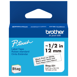 Brother P-touch Btag Black on White Label Tape (BTAG231), ~1/2 in x 13.1 ft (12 mm x 4 m)