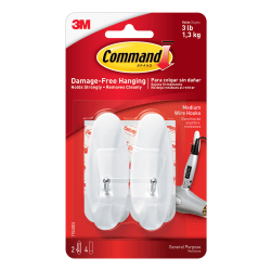 Command&trade; Medium Wire Hooks, Damage-Free, White, Pack of 2 Hooks, 2 Pairs of Strips