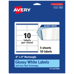 Avery® Glossy Permanent Labels With Sure Feed®, 94207-WGP5, Rectangle, 2&quot; x 4&quot;, White, Pack Of 50