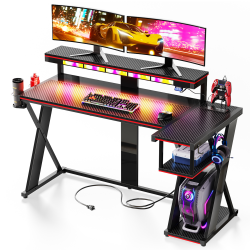 Bestier 58"W LED Gaming Computer Desk With Power Outlet, Black