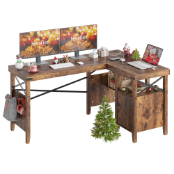 Bestier 60&quot;W L-Shaped Corner Computer Desk With Storage Cabinet &amp; Accessory Hooks, Rustic Brown