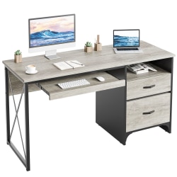 Bestier 56&quot;W Office Desk With Drawers &amp; Tray, Retro Gray Oak Light