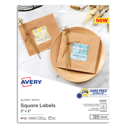 Avery® Printable Square Labels, 22565, 2&rdquo;W x 2&rdquo;D, Glossy White, Pack Of 120 Labels