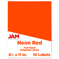 JAM Paper® Full-Page Mailing And Shipping Labels, Rectangle, 8 1/2" x 11", Neon Red, Pack Of 10