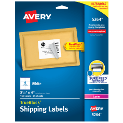 Avery® TrueBlock® Shipping Labels With Sure Feed® Technology, 5264, Rectangle, 3 1/3&quot; x 4&quot;, White, Pack Of 150