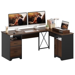 Bestier 63&quot;W L-Shaped Corner Computer Desk With Monitor Stand &amp; Open Storage, Cherry