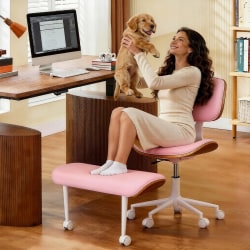 Bestier Ergonomic Faux Leather Mid-Back Cross Legged Office Task Chair With Wheels, Pink
