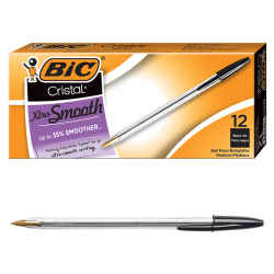 BIC® Cristal® Ballpoint Pens, Medium Point, 1.0 mm, Clear Barrel, Black Ink, Pack Of 12