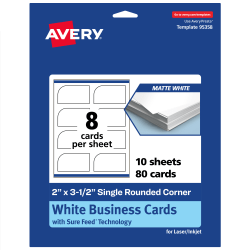 Avery® Print-To-The-Edge Business Cards With Sure Feed® Technology, 2"x3-1/2" Rectangle Single Rounded Corner, Matte White, Pack Of 80