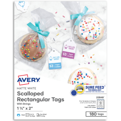 Avery® Print-To-The-Edge Tags With Strings, Scalloped, 2" x 1/14", White, Pack of 180