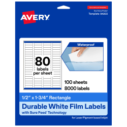 Avery® Waterproof Permanent Labels With Sure Feed®, 94203-WMF100, Rectangle, 1/2" x 1-3/4", White, Pack Of 8,000