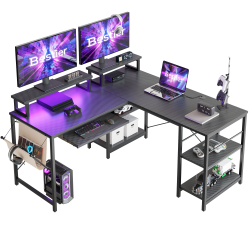 Bestier L-Shaped Corner Computer Desk With Storage Shelf, Monitor Stands, Side Pocket And Tray, 60&quot;W, Black Carbon Fiber