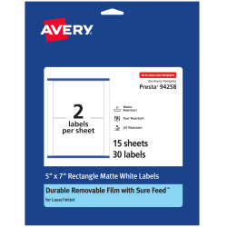 Avery® Durable Removable Labels With Sure Feed®, 94258-DRF15, Rectangle, 5" x 7", White, Pack Of 30