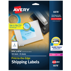 Avery® Print-to-the-Edge Shipping Labels With Sure Feed® For Color Laser Printers, 6878, Rectangle, 3-3/4&quot; x 4-3/4&quot;, White, Pack Of 100