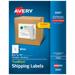 Avery® Permanent Full-Sheet Labels, 8465, Inkjet, 8 1/2&quot; x 11&quot;, White, Box Of 100
