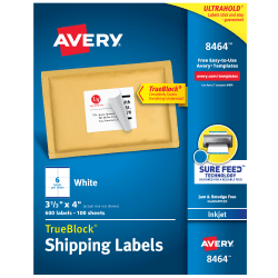 Avery® TrueBlock® Permanent Inkjet Shipping Labels, 8464, 3 1/3&quot; x 4&quot;, White, Pack Of 600