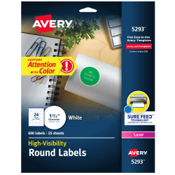 Avery® High Visibility Labels With Sure Feed® For Laser Printers, 5293, Round, 1-2/3&quot;, White, Pack Of 600
