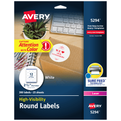 Avery® High Visibility Labels With Sure Feed® For Laser Printers, 5294, Round, 2-1/2&quot; Diameter, White, Pack Of 300