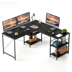Bestier L-Shaped Corner Computer Desk With Storage Shelf, 3 Cable Holes, 60&quot;W, Grained Black