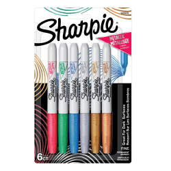 Sharpie® Metallic Permanent Markers, Fine Point, Assorted Ink Colors, Pack Of 6
