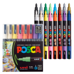 uni® POSCA PC-3M Water-Based Paint Markers, 16 Pack, Reversible Fine Tip (0.9-1.3mm), Assorted Colors