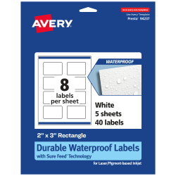 Avery® Waterproof Permanent Labels With Sure Feed®, 94237-WMF5, Rectangle, 2&quot; x 3&quot;, White, Pack Of 40