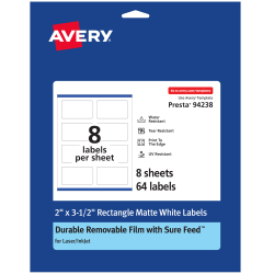 Avery® Durable Removable Labels With Sure Feed®, 94238-DRF8, Rectangle, 2" x 3-1/2", White, Pack Of 64