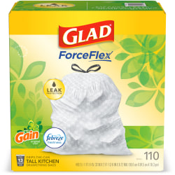 Glad® ForceFlex Tall Kitchen Drawstring Trash Bags, 13 Gallon, White, Gain Original Scent With Febreze Freshness, 110 Count