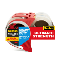 Scotch® Heavy Duty Shipping Packing Tape, 4 Tape Rolls with Dispensers, 1 7/8 in x 54.6 yd, 3&quot; Core, Designed  - 38504RD