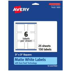 Avery® Permanent Labels With Sure Feed®, 94101-WMP25, Square, 3" x 3", White, Pack Of 150