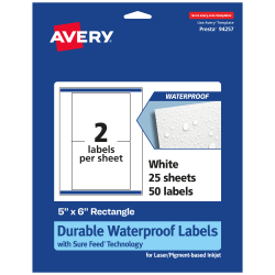 Avery® Waterproof Permanent Labels With Sure Feed®, 94257-WMF25, Rectangle, 5" x 6", White, Pack Of 50