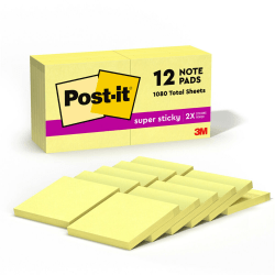Post-it® Super Sticky Notes, 3 in x 3 in, 12 Pads, 90 Sheets/Pad, 2x the Sticking Power, Back to School Supplies for Students, Sticky Notes for Textbooks, Notebooks, Walls and Vertical Surfaces, Canary Yellow