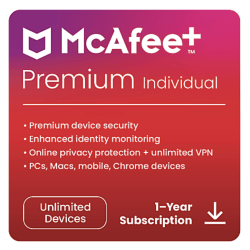 McAfee®+ Premium Antivirus &amp; Internet Security Software, Individual Unlimited Devices, 1-Year Subscription, Download