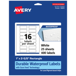 Avery® Waterproof Permanent Labels With Sure Feed®, 94201-WMF25, Rectangle, 1" x 2-5/8", White, Pack Of 400